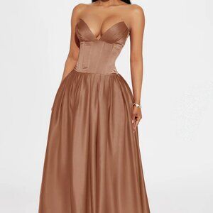 Warm Mocha Satin Strapless Corset Gown – XS